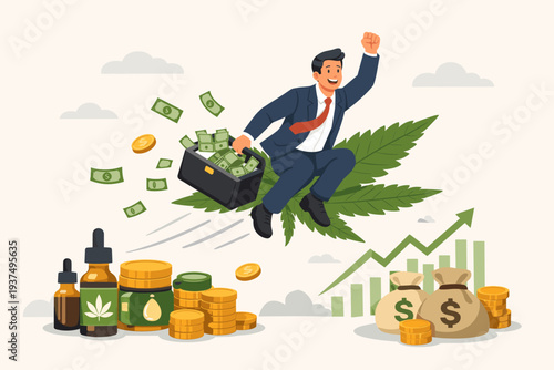 Successful Businessman Flying on a Marijuana Leaf with Briefcase Full of Money Representing Profitable Cannabis Industry Investment, CBD Oil Products, Financial Growth, and Wealth Generation.