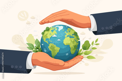 Hands in Business Suits Holding and Protecting the Earth Globe with Green Leaves, Concept of Ecology, Sustainability, Corporate Social Responsibility, Environment Protection, and Global Care.