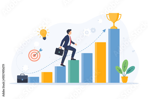 Businessman climbing a bar chart ladder towards a gold trophy representing business growth, career success, achievement of goals, professional development, and progress in the corporate world.