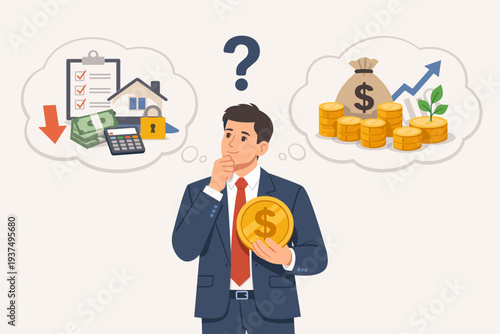 Businessman holding a gold coin, deciding between paying off debt, mortgage, and bills or investing for profit, growth, and wealth, financial planning, investment choice, and money management.