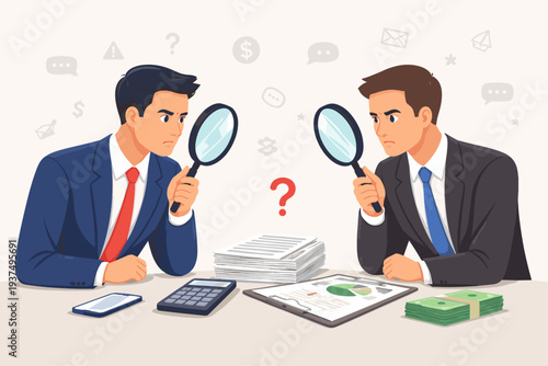 Businessmen in suits using magnifying glasses to inspect financial documents, money, and charts, expressing distrust, suspicion, and doubt during a fraud investigation or corporate audit.