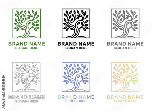 Tree Logo Designs, Brand Name Templates, Color Variations, Square Icons, Nature Inspired Logos, Green, Black, Gray