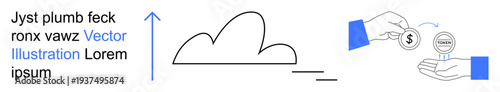 Cloud storage, data transfer, digital economy, financial transactions, technology, online payments. Abstract line drawing of a cloud and hands exchanging money. Cloud storage and financial