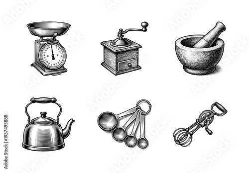 Vintage kitchen tools collection featuring woodcut style illustrations of a scale, coffee grinder, mortar and pestle, kettle, measuring spoons, and hand mixer.