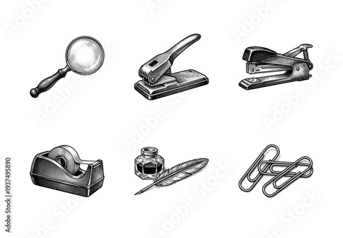 Vintage engraving style collection of office supplies and stationery icons including stapler, hole punch, and inkwell