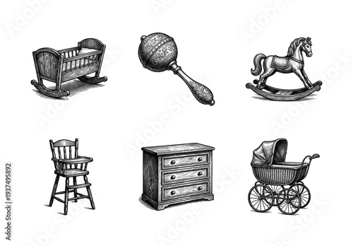 Vintage nursery furniture and baby toys collection in classic woodcut engraving style including rocking horse and cradle