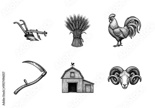 Set of vintage woodcut style agricultural icons featuring farm animals, equipment, crops, and barn architecture