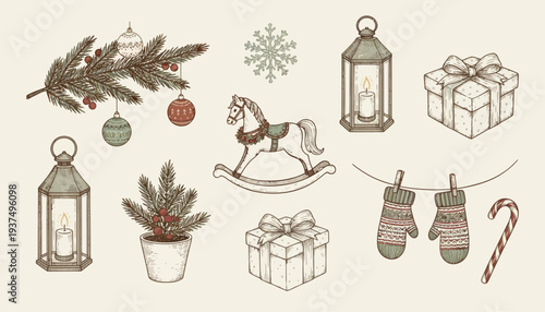 Christmas elements set with lanterns and gifts.