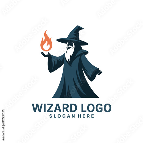 Wizard logo with cartoon character holding flame, magic symbol, fantasy illustration, mystical design element