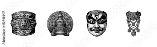 Traditional Indian Kathakali dance elements and temple jewelry illustrations in detailed black and white stipple engraving style