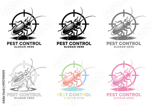 Pest control logo designs, various colors, bug target, extermination service, vector graphics, illustration set