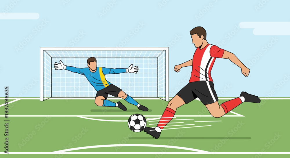 Obraz premium Soccer Player Kicking Ball Past Goalkeeper 11.