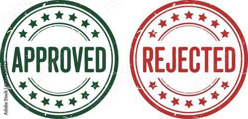 Two circular stamps, one green labeled approved and one red labeled rejected.