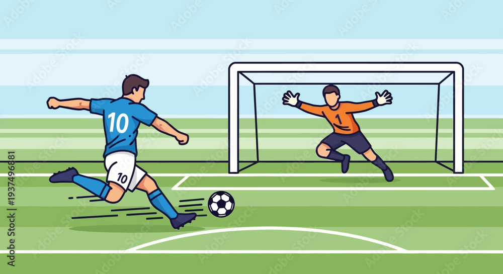 Fototapeta premium Soccer Player Kicking Ball Towards Goalkeeper 16.