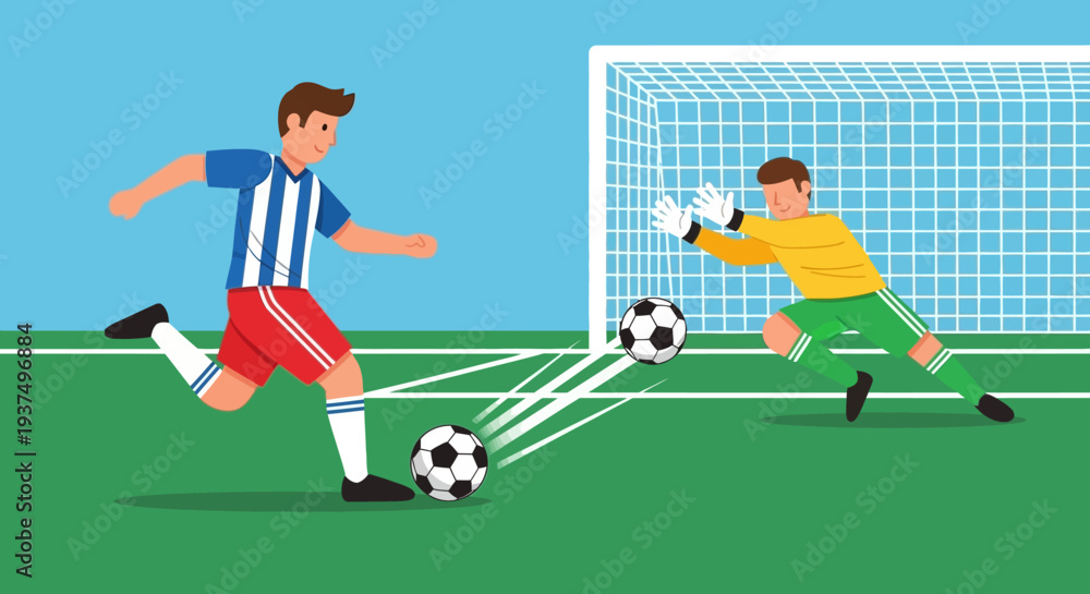 Fototapeta premium Soccer Player Kicking Ball Towards Goalkeeper 17.
