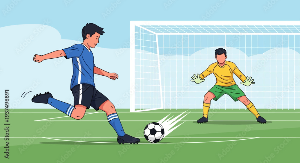 Fototapeta premium Soccer Player Kicking Ball Towards Goalkeeper 18.