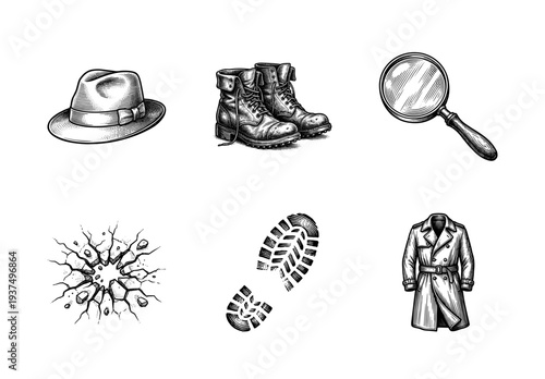 Vintage detective and investigation icon set featuring hand drawn engraving style illustrations of fedora hat boots magnifying glass footprint and trench coat