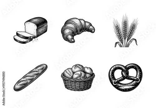 Vintage engraving style bakery illustration set featuring bread loaf, croissant, wheat stalks, baguette, buns in a basket, and a salted pretzel.