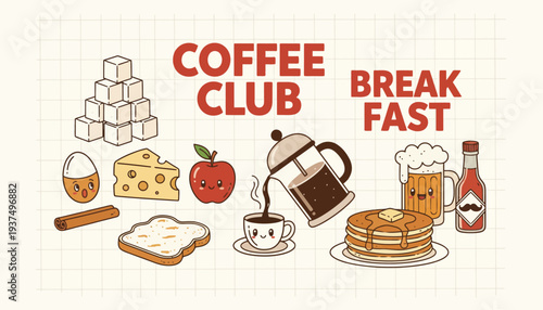 Assorted breakfast foods and beverages for a morning meal.