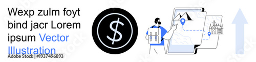 Finance, navigation, business goals, online mapping, economic strategy, and digital solutions. Dollar icon and person near maps with pins. Finance and navigation highlighted