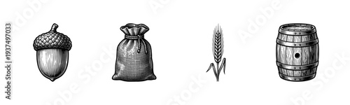 Set of four rustic harvest elements including acorn, burlap sack, wheat ear, and wooden barrel in a vintage woodcut engraving style.