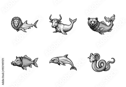 Collection of mythological chimera creatures featuring animal hybrids in vintage woodcut engraving style