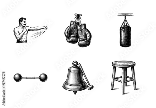 Vintage boxing and fitness set featuring a boxer, gloves, heavy bag, dumbbell, bell, and stool in a classic woodcut engraving style.