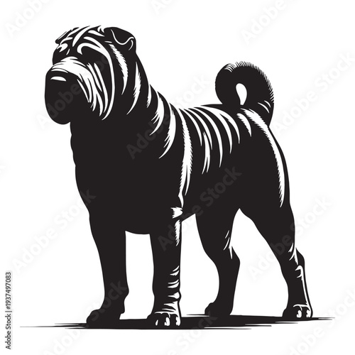 Shar Pei Dog Vector Silhouette, Wrinkled Chinese Breed Illustration, Unique Folded Skin Puppy Outline, Loyal Guard Dog Pet Design, Asian Dog Breed Graphic, Canine Art.