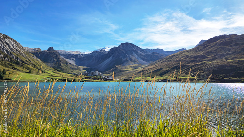Konstfotografi Lake Lac de Tignes in the mountain landscape, French Alps, Tignes, Savoie, France, Europe