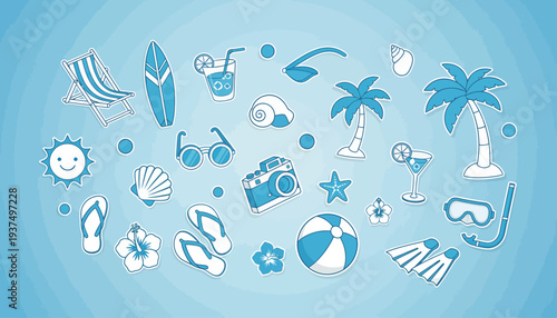 Collection of Summer Vacation and Beach Icons in Blue.