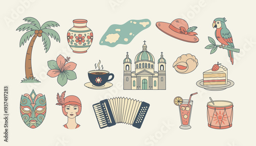 Vibrant Cuban Culture Icons Set with Tropical Elements.