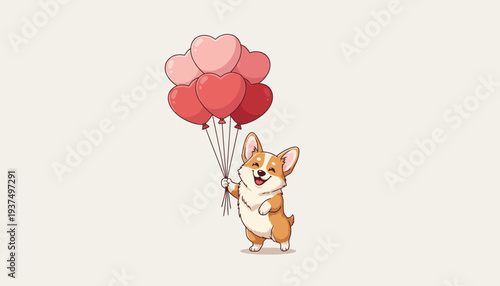 Corgi dog holding heart-shaped balloons in a cute illustration.
