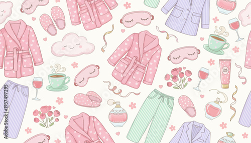 Seamless pattern with pajamas and relaxation elements in pastel colors.