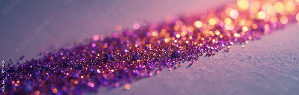 Fototapeta premium Sparkling purple and gold glitter particles spread across a surface. Tiny sequins create a vibrant texture with soft bokeh lights in background. Festive and decorative abstract.