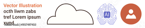 Technology, artificial intelligence, user authentication, cloud storage, data analysis, networking. Cloud outline, AI neural network icon user symbol. Cloud storage and AI technology