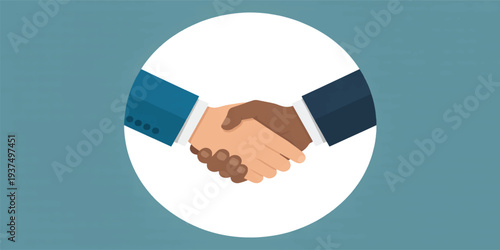 Two business people shaking hands in a circle on blue background