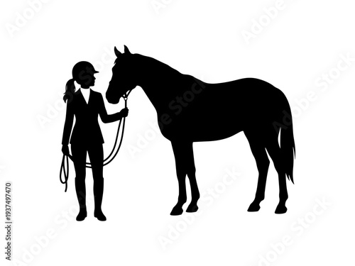A clean black silhouette illustration of a woman in riding gear holding a horse's lead rope, isolated on a white background. Perfect for equestrian sports and hobby designs.