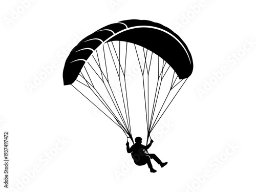 Black silhouette of a person paragliding against a white background. Perfect for outdoor sports, adventure, and extreme hobby designs.