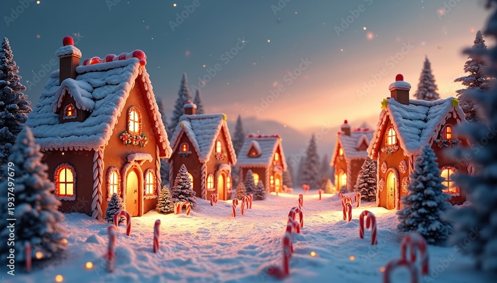 Obraz premium Gingerbread village with candy canes and snow covered trees at dusk. Lit windows and glowing lights create a magical winter holiday atmosphere. Festive scene with sweet houses in a snowy landscape.