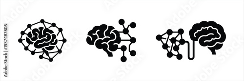 Neural network and brain interaction icon set for artificial intelligence machine learning and deep data processing