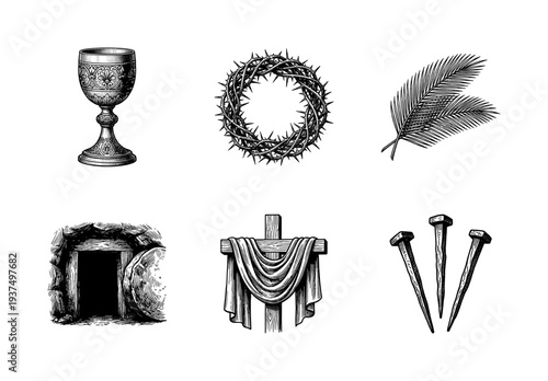 Vintage woodcut style engraving of Christian Easter icons including a chalice, crown of thorns, palm fronds, empty tomb, cross with shroud, and nails.