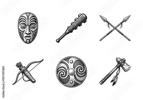 Set of ancient tribal warrior equipment and ritual artifacts featuring a mask, war club, crossed spears, bow with quiver, round shield, and stone tomahawk in woodcut style.