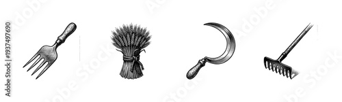 Vintage engraving style collection of agricultural tools featuring a garden fork, wheat sheaf bundle, curved harvesting sickle, and soil rake.