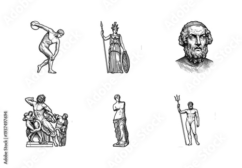 Collection of classical Greek and Roman marble statues and mythological figures in a detailed monochrome engraving line art style