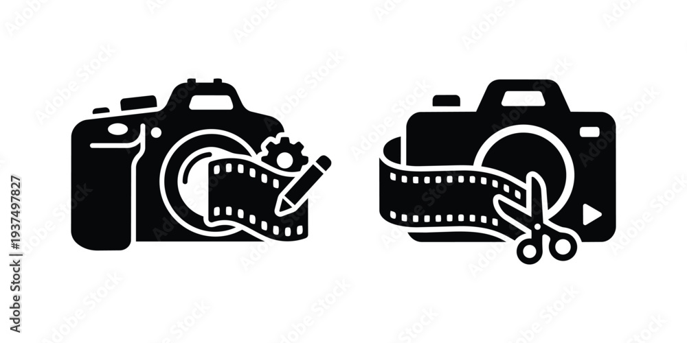 Obraz premium Video editing and film production icon set featuring dslr camera with movie strip pencil gear and cutting scissors sign