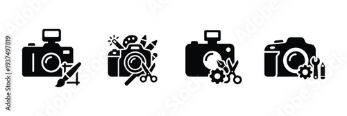 Camera and editing tools icon set including brush scissors gear and wrench for professional photography services design