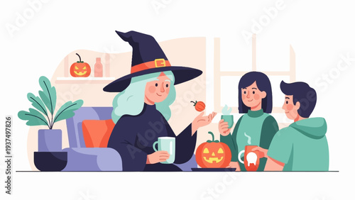 Witch and friends enjoy Halloween drinks with pumpkins