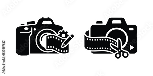 Video editing and film production icon set featuring dslr camera with movie strip pencil gear and cutting scissors sign