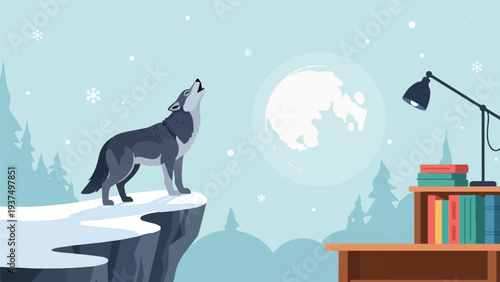 Wolf howls at moon from cliff, snow falls, lamp illuminates books