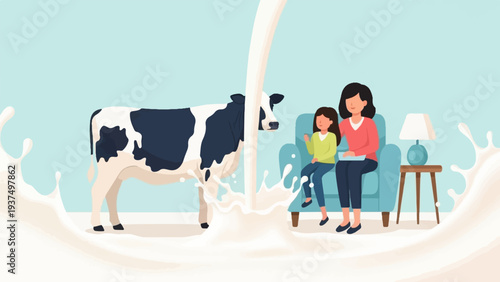 Woman and child watch milk pour from cow into splashing pool